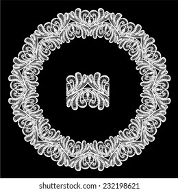 Round Frame - floral lace ornament - white on black background