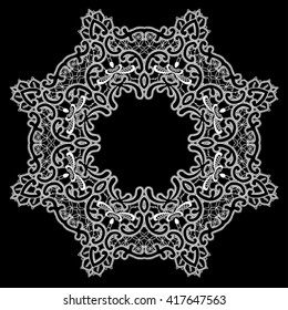 Round Frame - floral lace ornament - white on black background. Element for holiday card, wedding invitation, vintage style design.