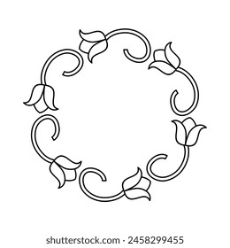 Round frame with floral motifs. Decorative lilies vector line art illustration.
