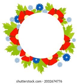 Round frame with a floral pattern of decorative red poppies and blue cornflowers with a white spot in the center. Vector illustration. For design, decor, covers and banners, Design projects and cards