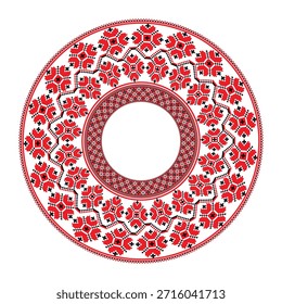Quadro redondo com padrão floral em estilo étnico eslavo. Quadro tradicional de bordado popular. Bordados ucranianos, bielorrussos, búlgaros e eslavos. Folclore. Para bordados, placa. Padrões de ponto de cruz. 