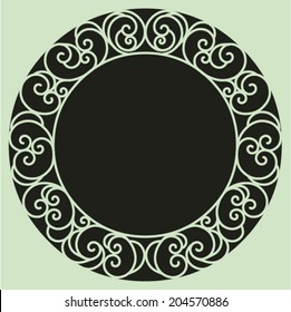 Round frame with floral swirl pattern from ornamental scrolls and curl