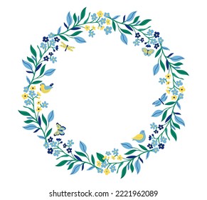 Round frame with flowers and butterflies vector illustration. Circular or botanical frame, blue and yellow floral wreath with birds on white background. Decoration, celebration, spring, nature concept