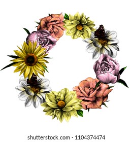 round frame of flowers dahlias peonies of sunflower and rose with butterfly and leaves on white background, sketch vector graphics color illustration