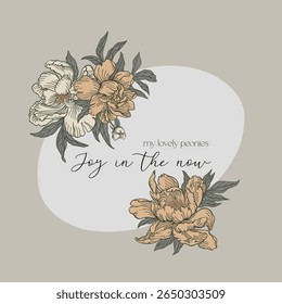 Round frame with flowers in delicate colors. Bouquet of peonies. Modern design.