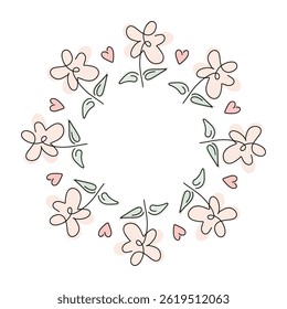 Round frame with flowers   in doodle style. Hand drawn circle border.