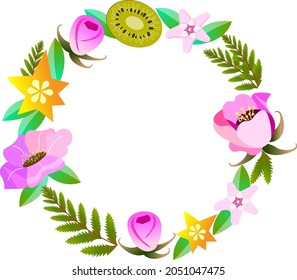 Round frame of flowers and exotic fruits isolated on white background Vector illustration of kiwi  rose and carambola