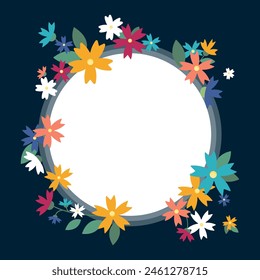 Marco redondo con flores en estilo plano. Concepto de Plantilla de primavera y verano con espacio de copia para tarjeta, publicidad, cartel.
EPS10
