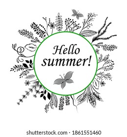 Marco redondo con flores y hierba. Ilustración vectorial. ¡Hola verano!
