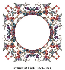 Round frame with flowers, hearts and birds on white background. Can be used for  cards, bandana prints, kerchief design, pillowcase, tablecloths and napkins. Vector illustration.