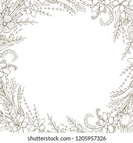Round frame with flowers and herbs in neutral color