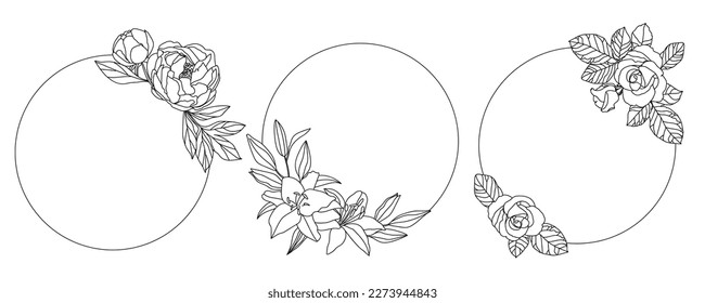 Round frame with flowers isolated on a white background. Set of three line art flower frame.