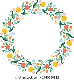 Round frame of flowers and leaves. Round flower wreath. Vector illustration. Greeting card, invitation, poster design element.