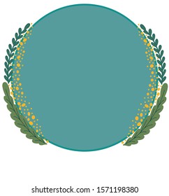 Round Frame with flowers and leaves on colored round background. Vector illustration