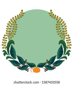 Round Frame with flowers and leaves on colored round background. Vector illustration