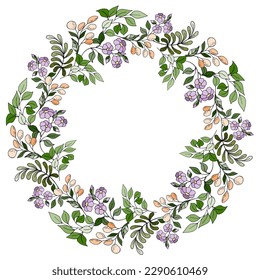 Marco redondo de flores y hojas, postal. Ilustración vectorial.