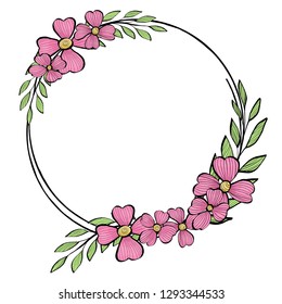 Round frame with flowers and leaves. Vector illustration in sketch style. Template in romantic style. Place for your text. Mock up.