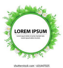 Round frame with flowers and leaves. Vector illustration.
