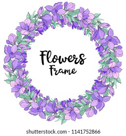 Round frame with flowers. Lilac and violet magnolia flowers with green leaves. Floral vector illustration on white isolated background. Suitable for wedding, celebration, sales. Elements for design.