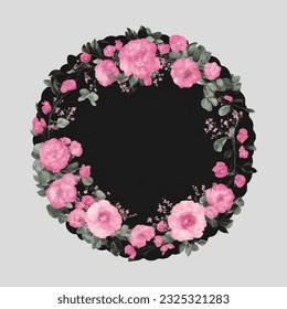  round frame with flowers on black, Blue, and Pink background in pastel orange colors floral greeting card