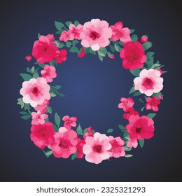  round frame with flowers on black, Blue, and Pink background in pastel orange colors floral greeting card