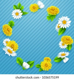 Round frame of flowers on striped blue background