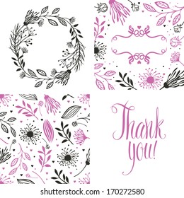 Round frame of flowers, pattern and thank you card