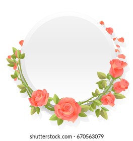 Round frame of flowers with pink, red roses. Decoration wedding, anniversary, romantic cards, invitations, banners. Vector, vintage