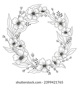 Round frame of flowers. Plants are drawn by hand. Leaves, twigs, buds in a natural wreath.