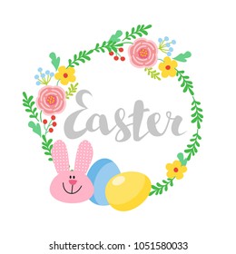 a round frame of flowers with a rabbit. Easter background