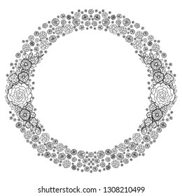 Round frame of flowers of roses, daisies and simple plants. Black and white image with stroke.