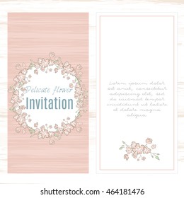 Round frame of flowers for text. greeting card template floral background. Design stationery set in vector format. Wedding card or invitation, shabby chic