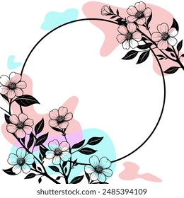 Ilustración vectorial de una corona con ramitas de flores y líneas y manchas de color