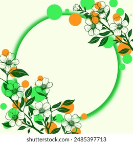 round frame with flowers in two corners. vector illustration of a wreath with twigs of flowers and lines with cheerful orange and green circles, bubbles