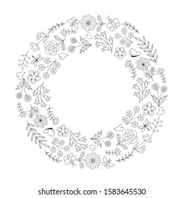 Round frame of flowers. Vector illustration. Coloring page.