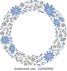 Round frame of flowers. Vector illustration with flowers, twigs, dandelions and stylized plants. Frame for text, photos.