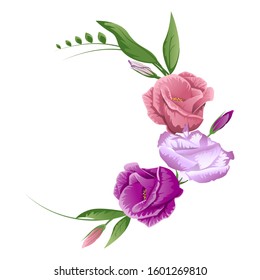 Round frame of flowers in vector, on a white background. Typography for text or greeting card. An isolated spring or summer wreath of lilac flowers and green leaves. Bouquet of roses or eustoma