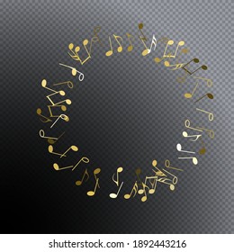 Round frame from flying musical notes. Musical symbols for banner of festival, print design, melody recording, design back layers. Colorful musical notation symphony signs, notes for sound tune music