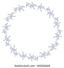 Round frame with flying pigeons. Vector clip art. 