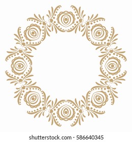 Round frame with folk pattern and flower buds. Border for decoration postcards, logos, banners, clearance of goods and promotional products.