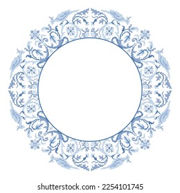 Round frame in folk style cross stitch with flowers and birds