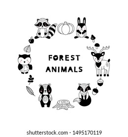 Round frame, forest animals in the Scandinavian style for children. Black-white vector illustration.