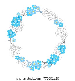 Round frame with forget-me-nots. Nature wreath. Vector illustration with space for text on a white background.Can be greeting cards, invitations, and design element.