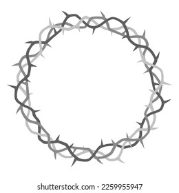 Round frame in the form of a crown of thorns with thorns in a flat design style in gray colors isolated on white. Vector illustration.