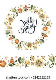 Round frame in the form of a flower wreath and a seamless brush.  Hand-drawn illustration. Vector 