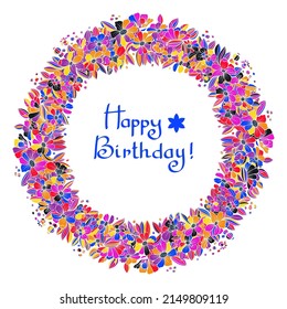 Round frame in the form of a flower wreath.  Hand-drawn illustration. Vector 