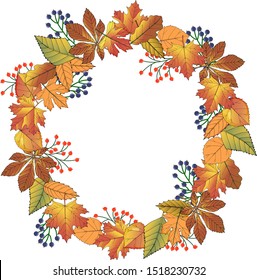 Round frame in the form of a wreath of various autumn leaves, red and black Rowan.