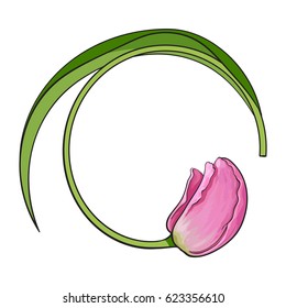 Round frame formed by one pink tulip flower with place for text, sketch vector illustration isolated on white background. Hand drawn pink tulip flower forming round frame, decoration element