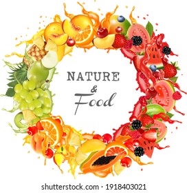 Round Frame of fresh fruit and berries in juice splash. Strawberry, raspberry, blueberry, blackberry, orange, guava, watermelon, pineapple, mango, peach. Vector.
