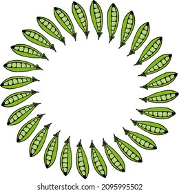Round frame with fresh green peas on white background. Vector image.